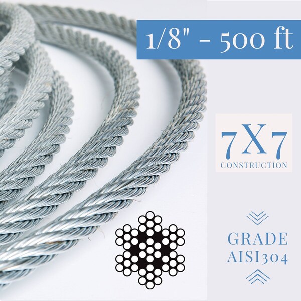 1/8 Stainless Steel Aircraft Wire Rope 304 Grade 7x7- 500 Ft